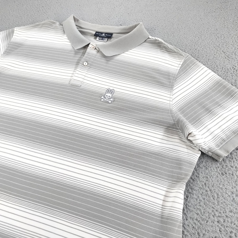 Psycho Bunny Polo Shirt Mens XL Gray White Stripe Pima Cotton Skull Logo